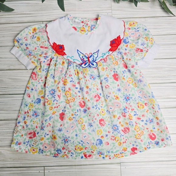Unbranded Other - Dress Girls 18 Month White Floral Print Short Sleeve Bib Collar